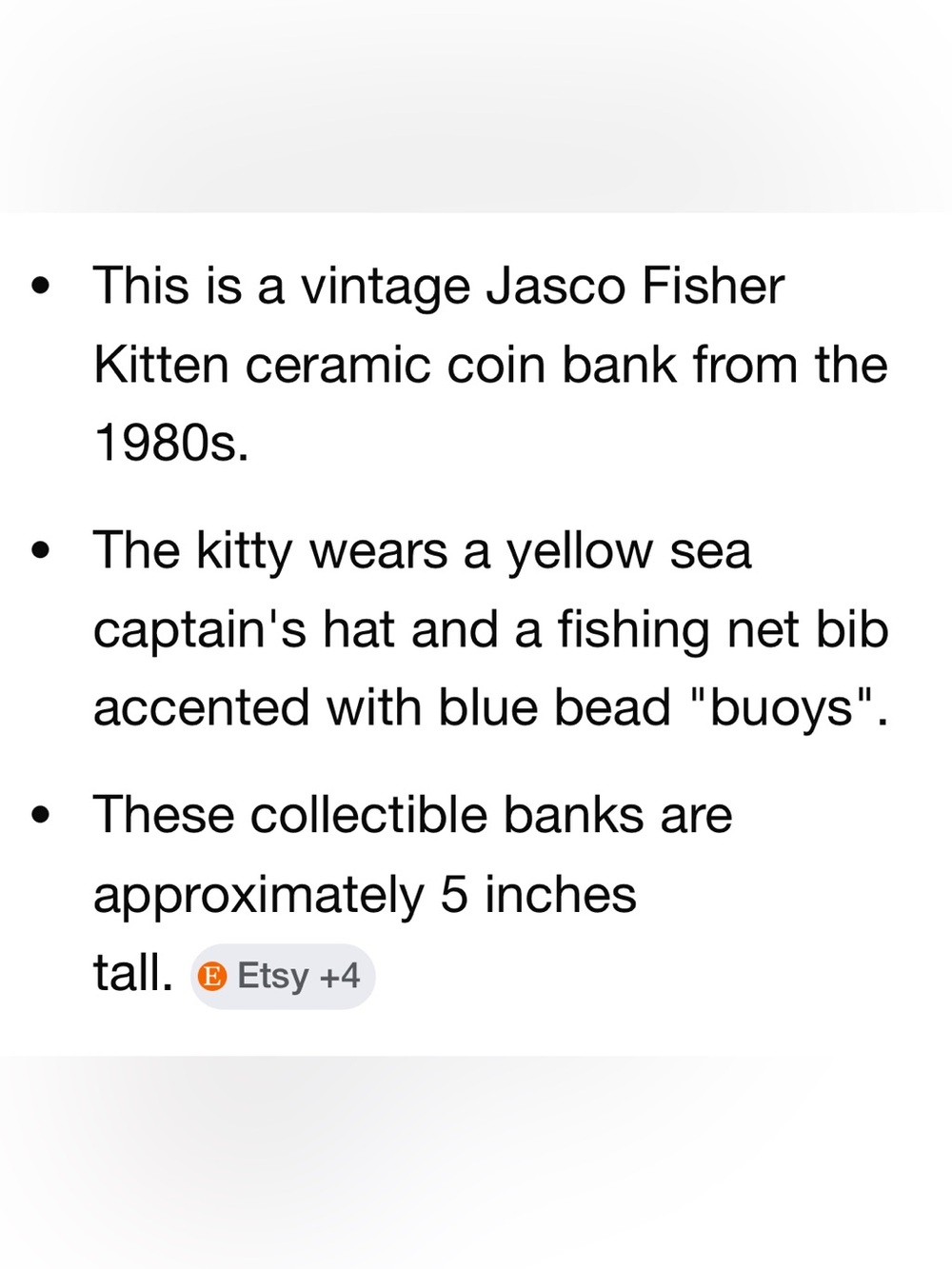Vintage Jasco Fisher Kitten Ceramic coin bank Whimsical Cat Figurine Bank 1980 - Picture 5 of 5
